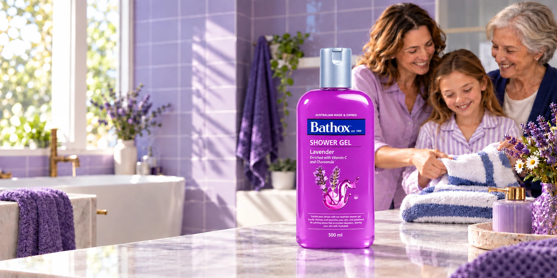 Lavender beside three generations folding a striped towel in a lilac bathroom.
