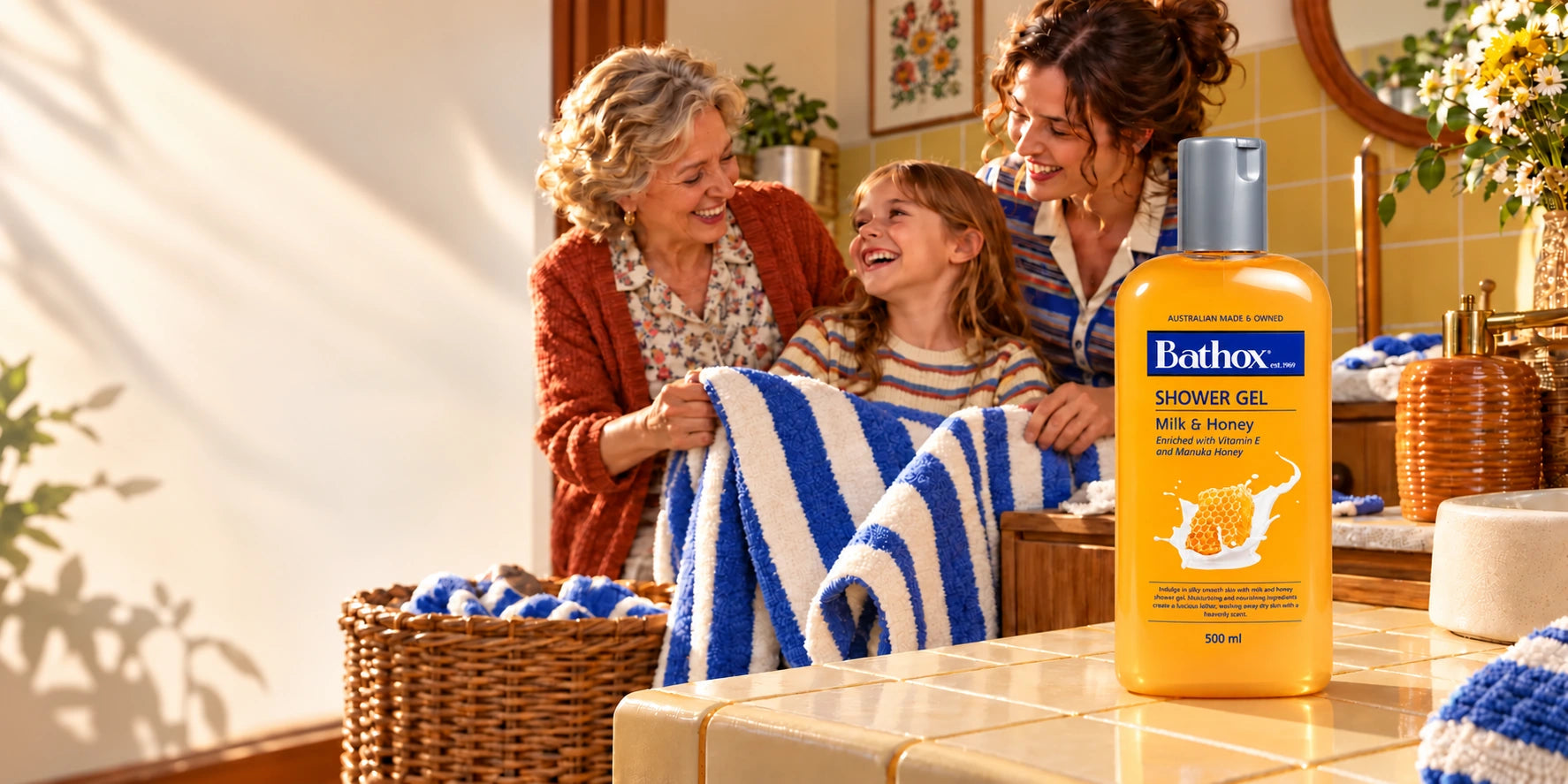 Milk & Honey beside three generations sharing a warm moment at home.