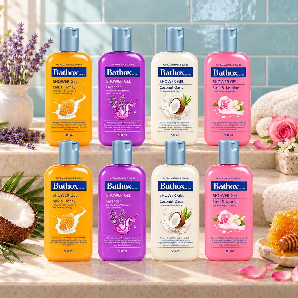 Shower Gel Mixed Value Pack — example fragrance assortment in a bathroom setting.