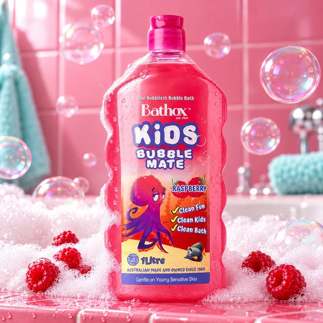 Bathox Raspberry kids bubble bath, fragrance-inspired scene.