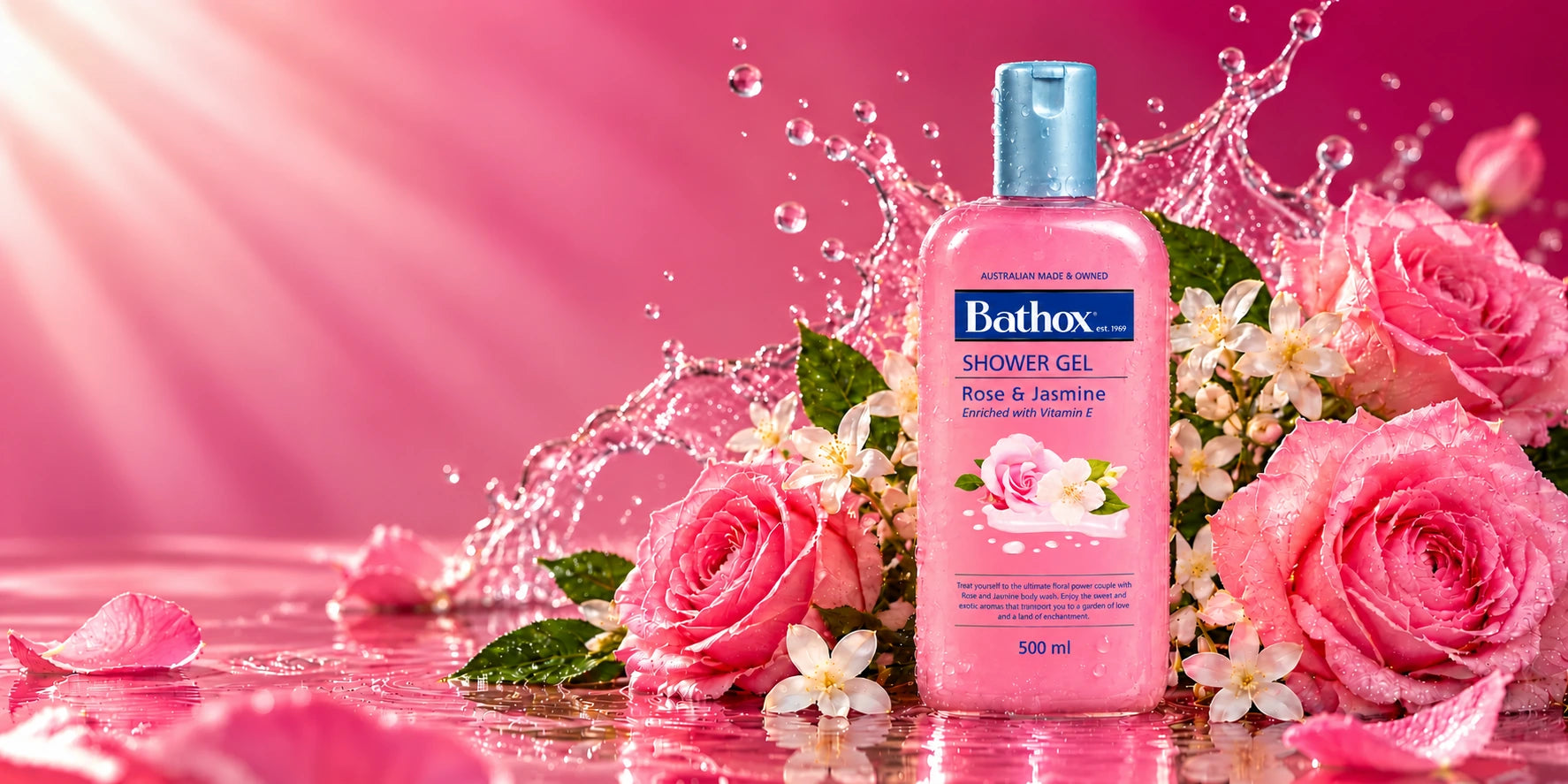 Rose & Jasmine surrounded by pink roses, white jasmine flowers and sparkling water.